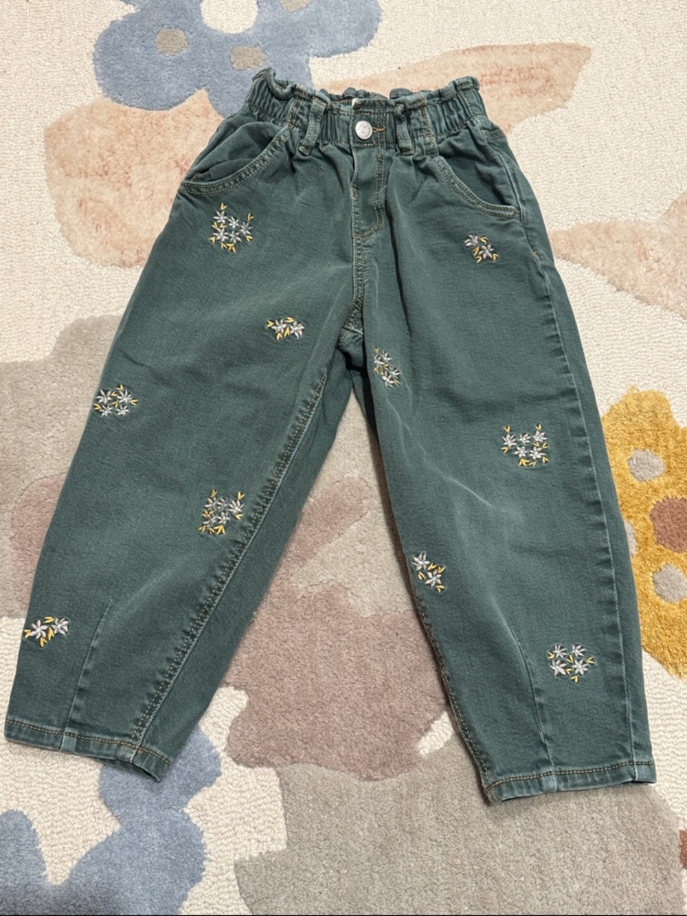 Zara Green Floral Embroidered Girls' Cotton Pant